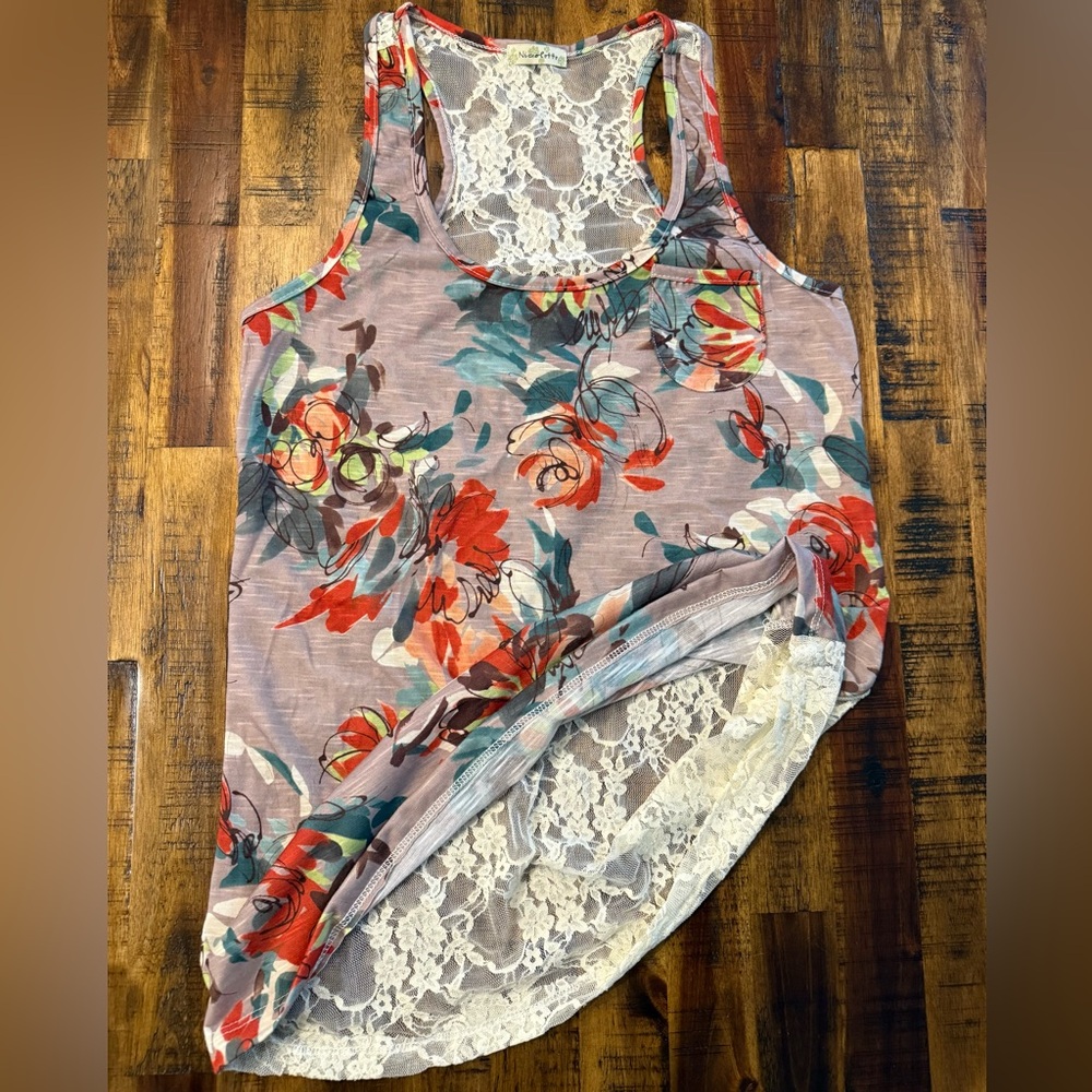 Women's floral lace racerback tank top. cream/orange/teal Sz S. Sheer summer